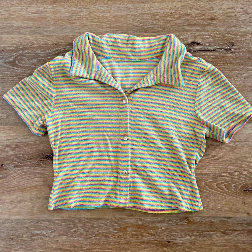 Frankie’s Bikinis Rainbow Striped Button Crop Top